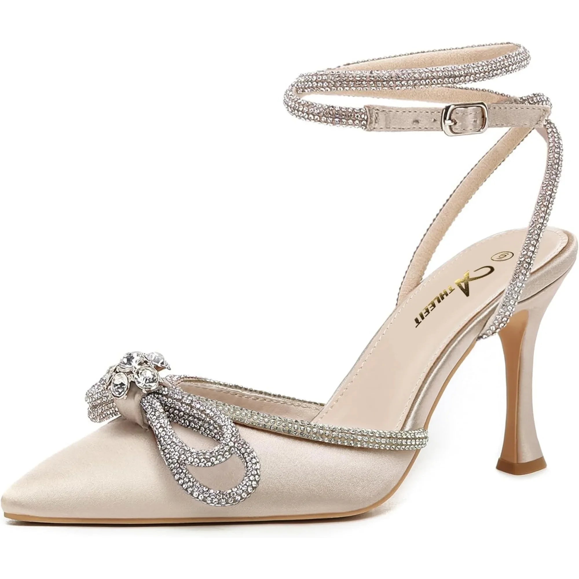 Women's Rhinestone Bow Heels Ankle Strap Pointed Toe Stiletto Heeled Sandals Wedding Bridal Dress Pumps Shoes - Evallys.com