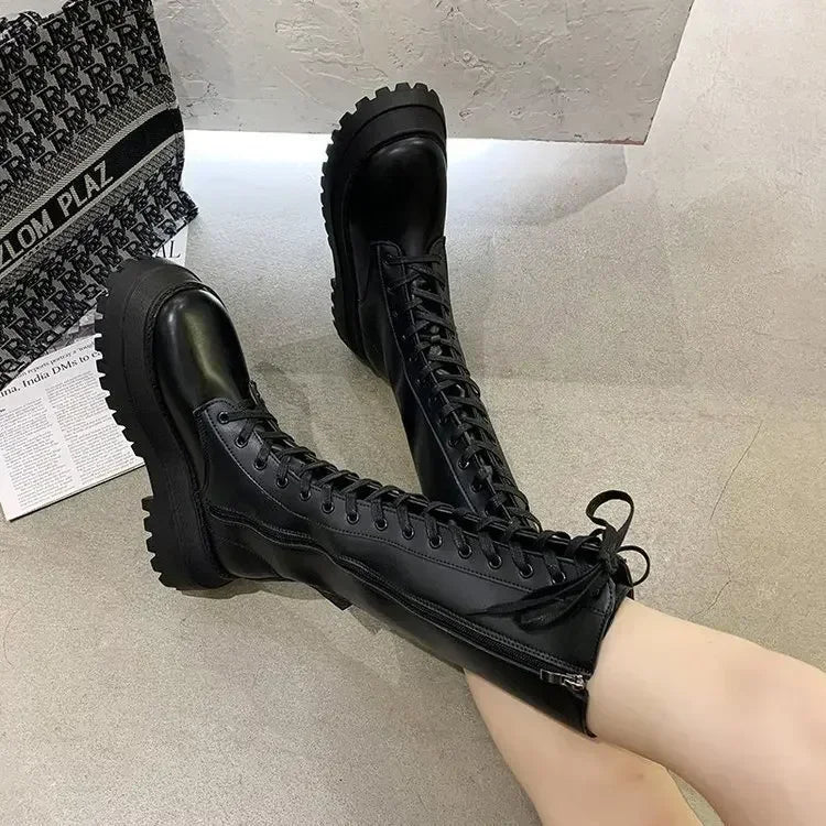 Women Motorcycle Boots Wedges Flat Shoes Woman High Heel Platform PU Leather Boots Lace Up Women Shoes Black Boots Girls2021 - Evallys.com
