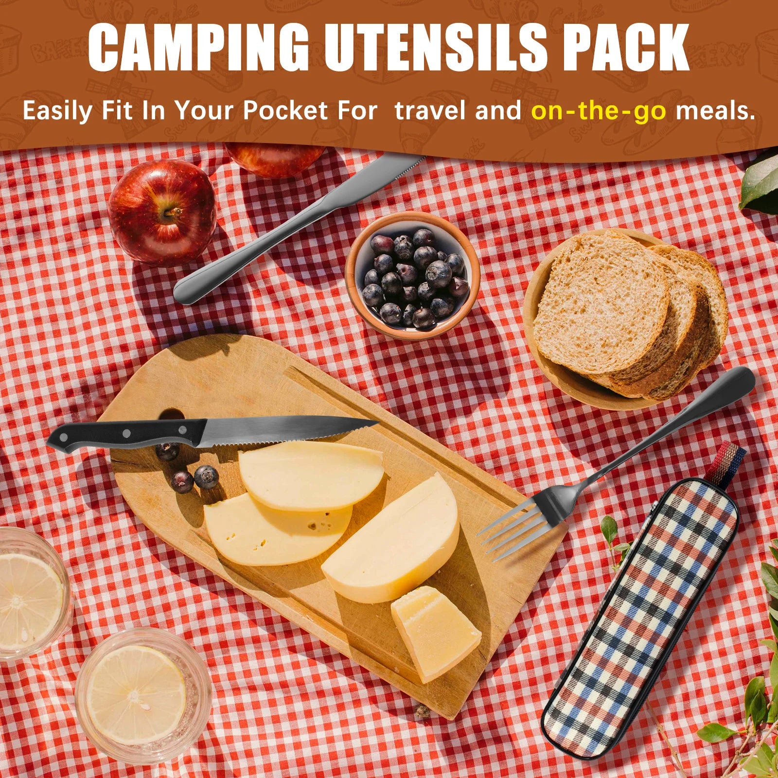 10Pc Travel Cutlery Set with Storage Bag Stainless Steel Travel Utensils Set Portable Camping Silverware Set Travel Flatware Set