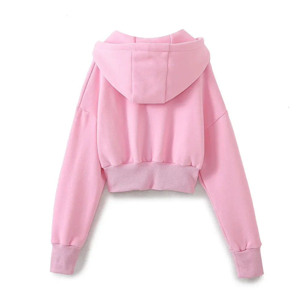 TRAF 2024 Spring Female Casual Hoodies Zipper Coats+Elastic Waist Baggy Pants 2 Pieces Set Elegant Loose Solid Pink Grey Pants - Evallys.com