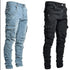 Men Street Elastic Denim Jeans Wash Solid Color Multi Pockets Cargo Pants Casual Slim Fit Daily Wear Joggers Mid Waist Trousers - Evallys.com