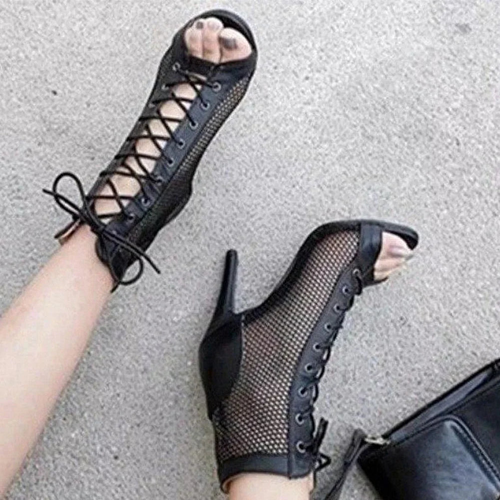 Women Mesh Sandals Breathable High Top Sandals Peep Toe Dance Shoes High Heel Summer Booties for Ballroom - Evallys.com
