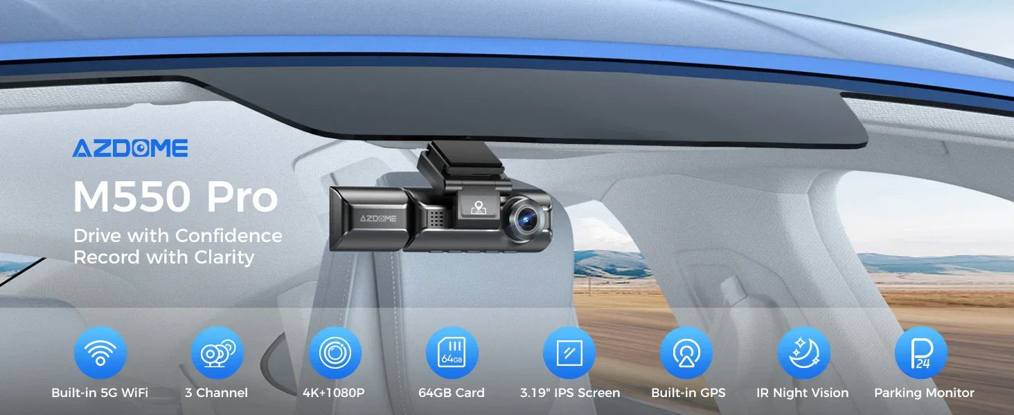 Upgrade AZDOME M550 Pro Car DVR Dash Cam 4K 5.8Ghz WiFi 2/3 Cameras Front/Cabin/Rear Cam GPS Night Vision Parking Monitor داش كا - Evallys.com