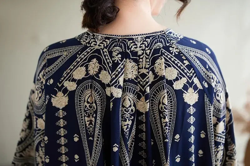 Summer Ethnic Print Dress with Pockets – Loose Mid-Calf Casual Wear - Evallys.com