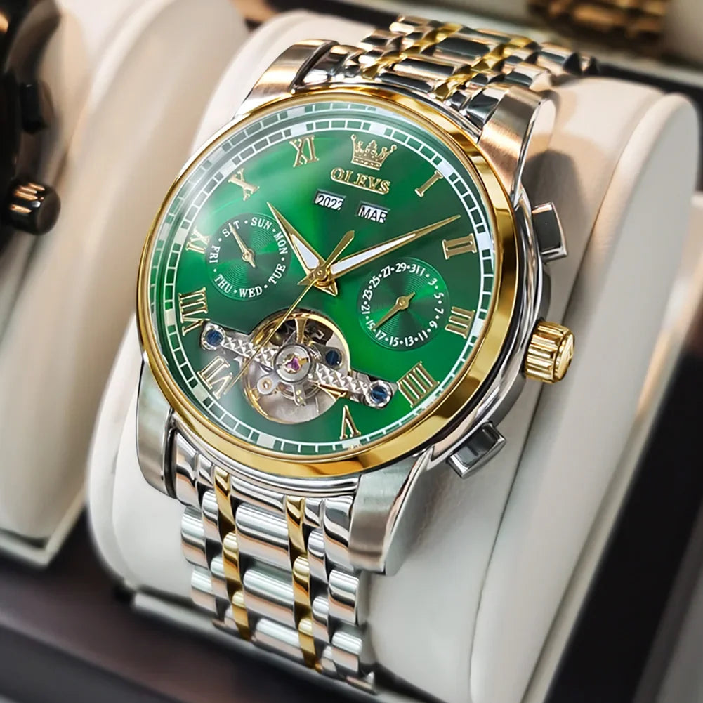 OLEVS Men's Watches Automatic Mechanical Business Wristwatch Waterproof Stainless Steel Strap Watch for Man Skeleton Calendar - Evallys.com