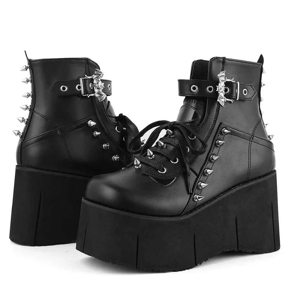 GIGIFOX Goth Punk Stylish High Platform Ankle Boots For Woman High Wedges Heel Side Zipper Round Toe Metal Rivet Punk Girl Boots - Evallys.com