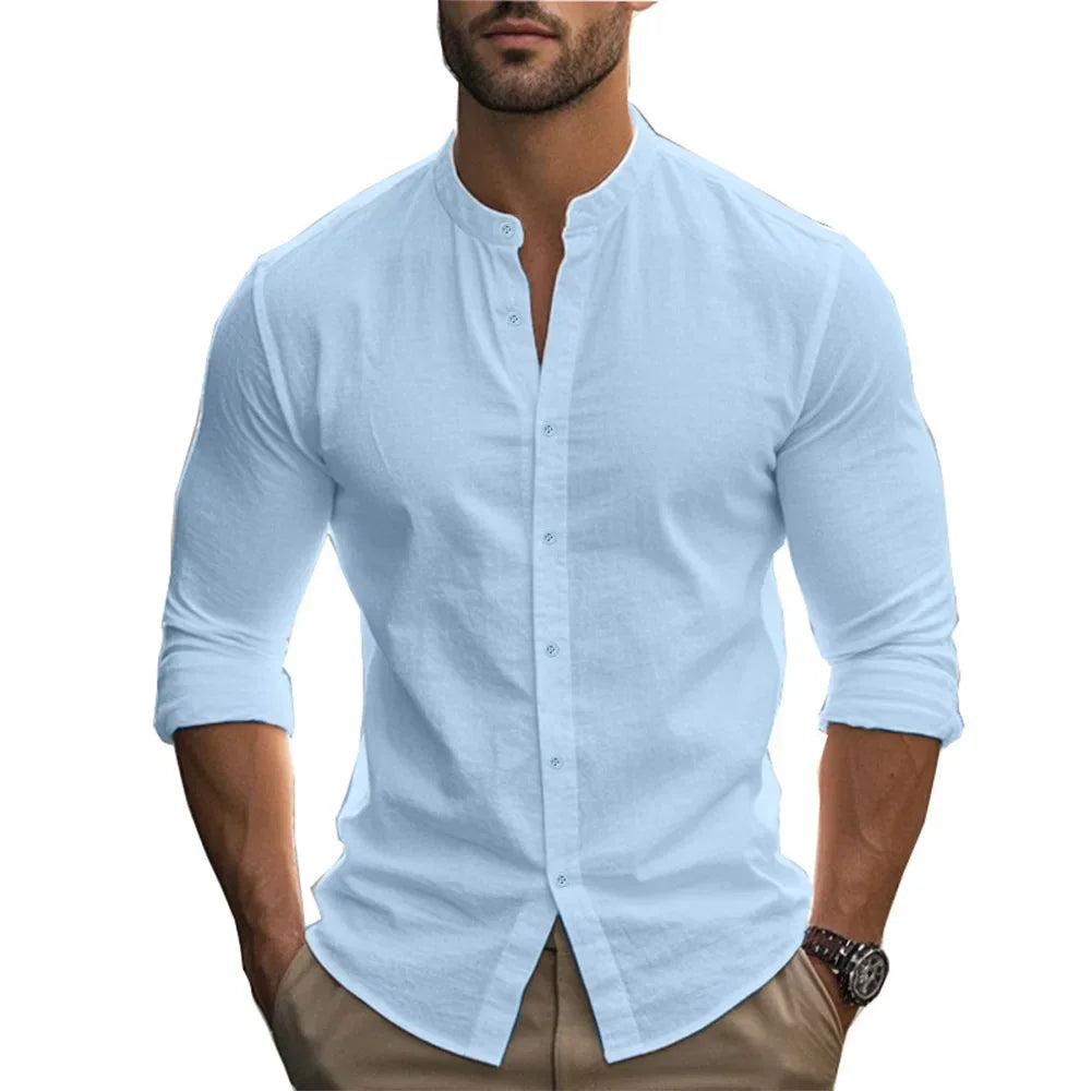 Men's Henry Shirts Cotton Linen Slim Fit Causal Hawaiian Solid Color Basic Style Spring Summer Breathable Men Clothing - Evallys.com