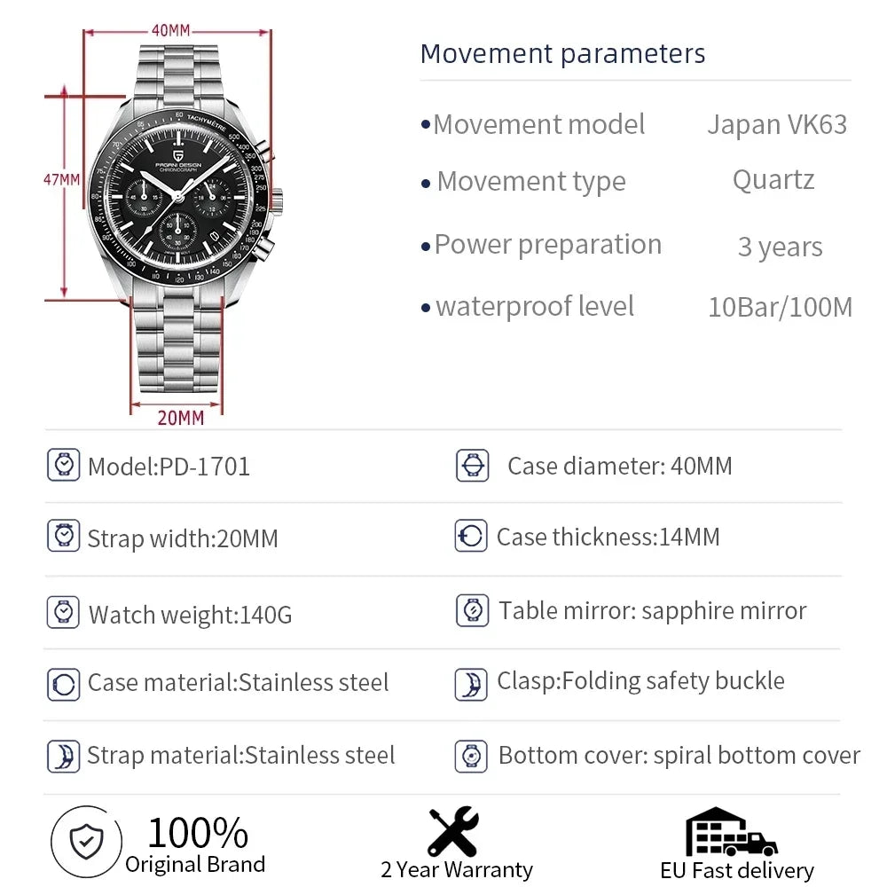 PAGANI DESIGN V4 New Quartz Men's Automatic Date Speed Chronograph Sapphire Mirror Sport Waterproof Watch All Steel VK63 Watches - Evallys.com