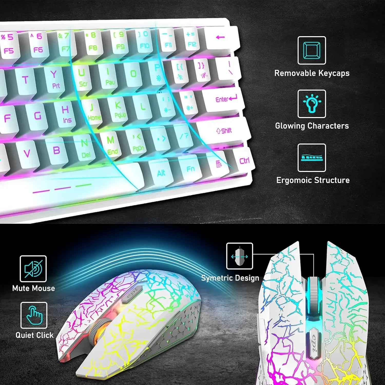 T61 Wireless Gaming Keyboard and Mouse Combo, Ergonomic 61 Key Rainbow LED Backlight Rechargeable 4000mAh Battery Mouse Pad - Evallys.com