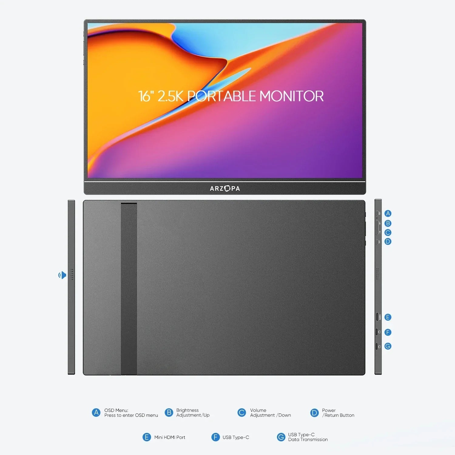 ARZOPA 16inch 2K Portable Monitor 16:10 IPS Screen with type-c mini hdmi Second Display for MAC/Laptop/PC/Xbox/PS4/5/Switch,Z1RC - Evallys.com