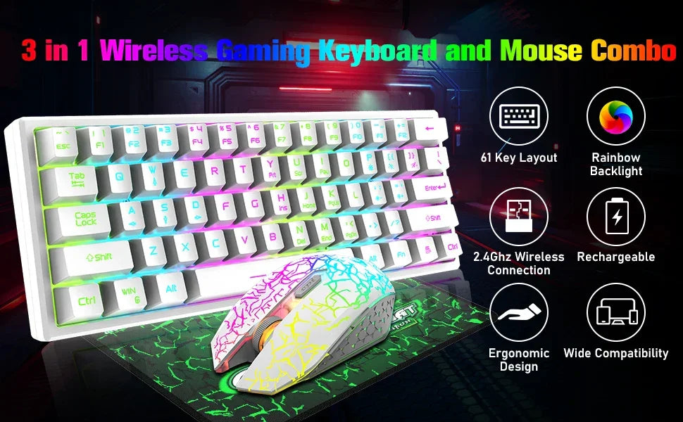 T61 Wireless Gaming Keyboard and Mouse Combo, Ergonomic 61 Key Rainbow LED Backlight Rechargeable 4000mAh Battery Mouse Pad - Evallys.com