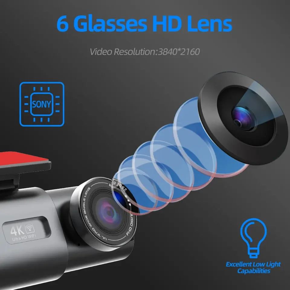 Dash Cam Dual Lens 4K UHD Recording Car Camera DVR Night Vision Video Recorder Built-In Wi-Fi Support GPS 24H Parking - Evallys.com
