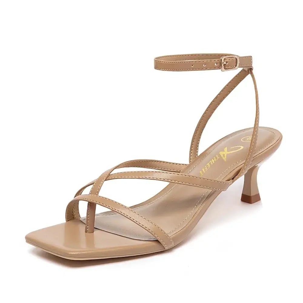 Women's Strappy Kitten Heels Square Toe Flip Flops Low Heels Ankle Strap Party Dress Thong Heeled Sandals - Evallys.com