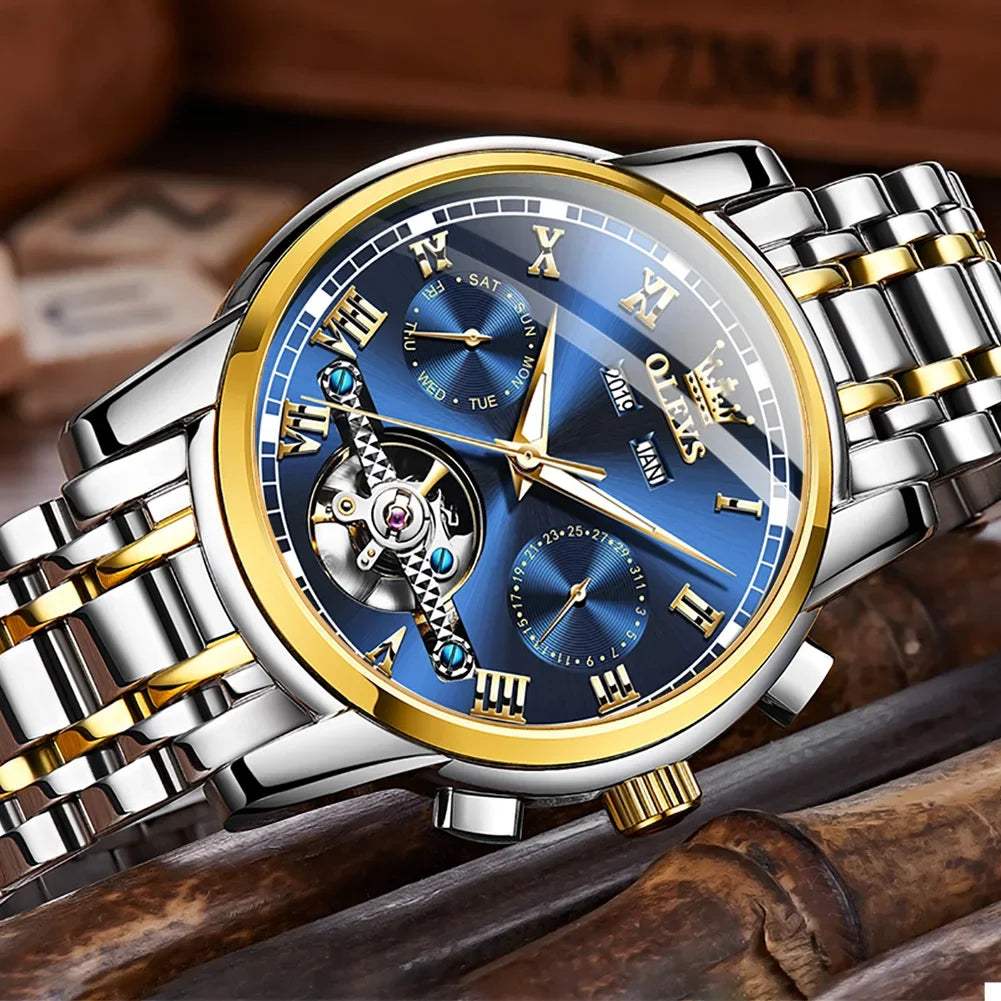 OLEVS Men's Watches Automatic Mechanical Business Wristwatch Waterproof Stainless Steel Strap Watch for Man Skeleton Calendar - Evallys.com