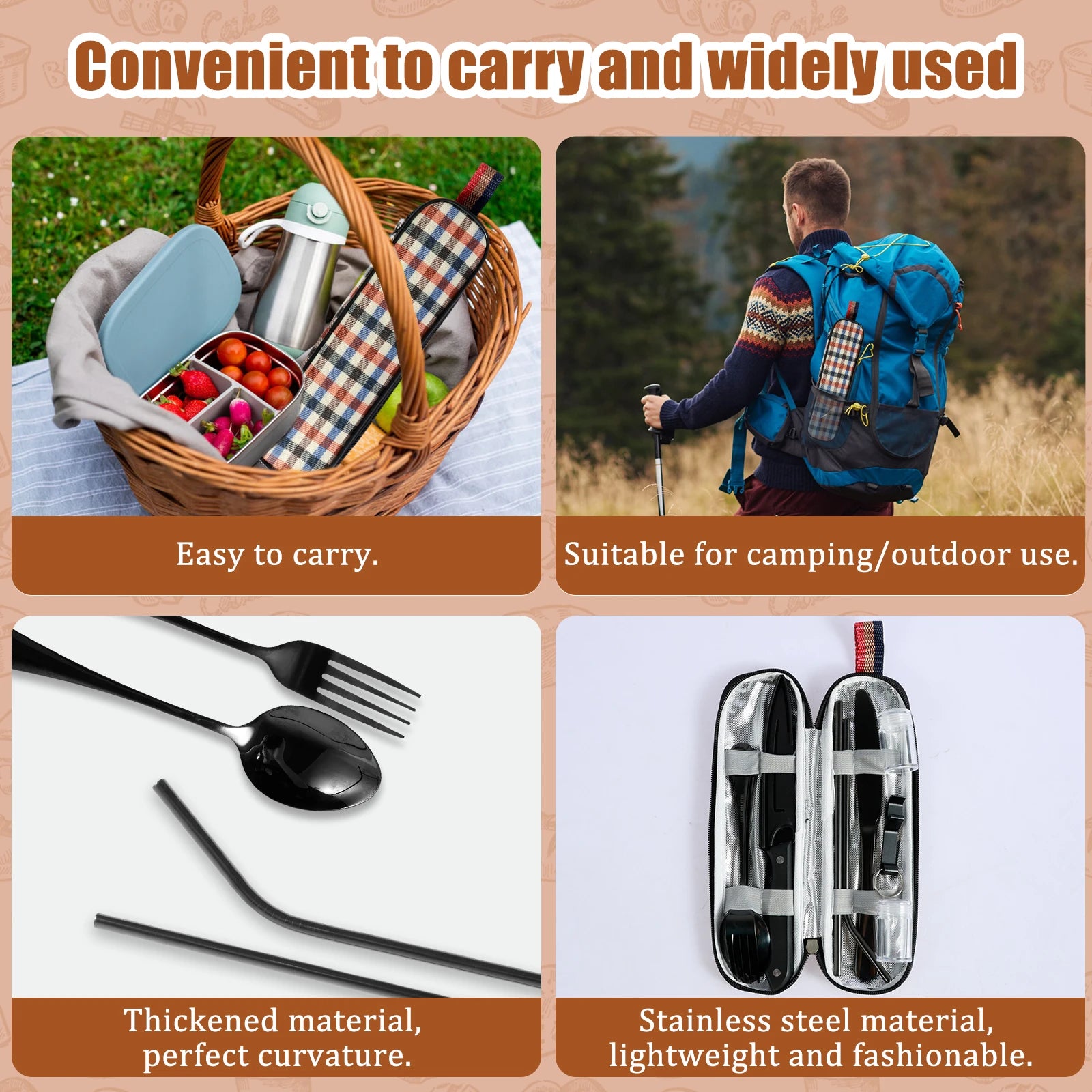 10Pc Travel Cutlery Set with Storage Bag Stainless Steel Travel Utensils Set Portable Camping Silverware Set Travel Flatware Set