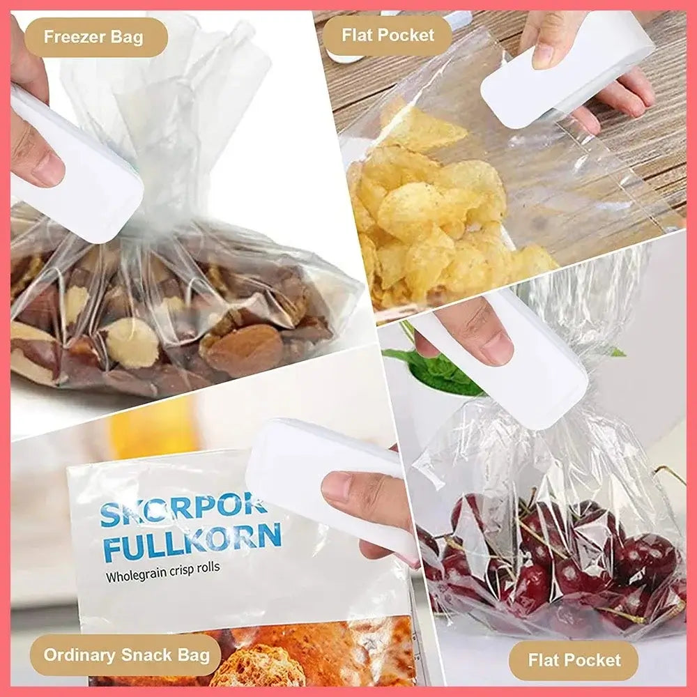 Mini Heat Bag Sealing Machine Package Sealer in use with various bag types like freezer, snack, and flat pocket bags.