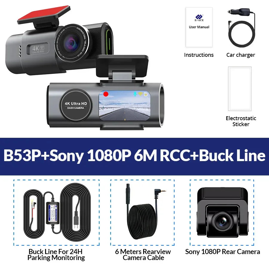 Dash Cam Dual Lens 4K UHD Recording Car Camera DVR Night Vision Video Recorder Built-In Wi-Fi Support GPS 24H Parking - Evallys.com
