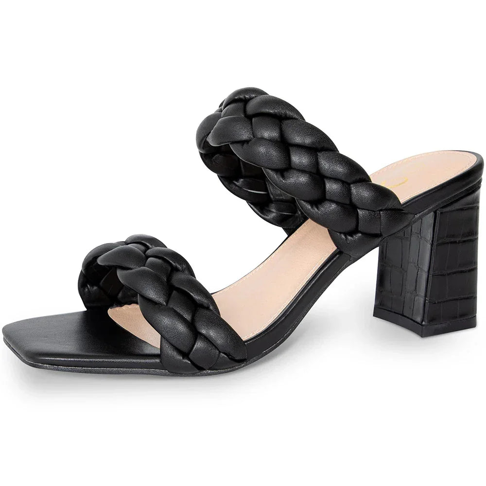 Elegant Women's Braided Heels Sandalias Fashion Strappy Square Sandals Open Toe Backless Mules Slip On Block Heeled Shoes - Evallys.com
