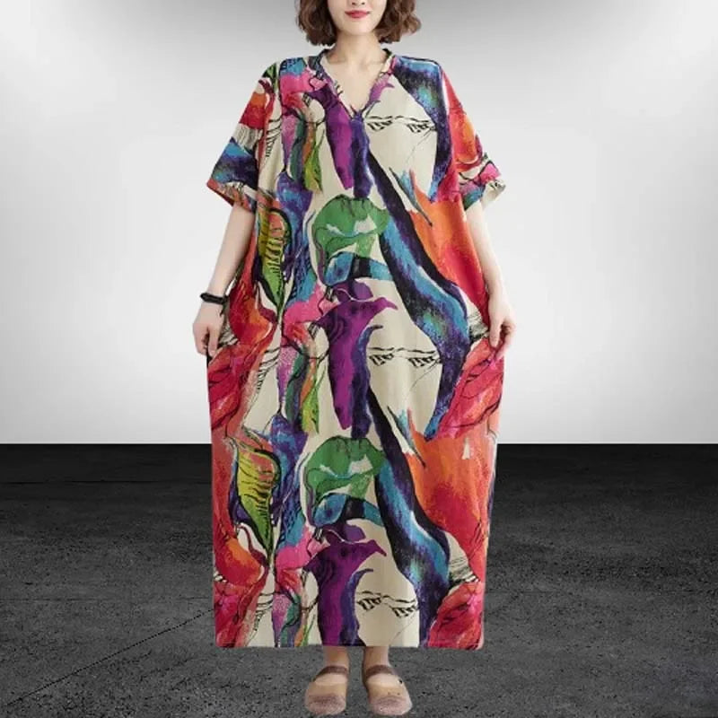 Oversized Cotton Linen Floral Maxi Dress – Vintage Boho Summer Wear - Evallys.com