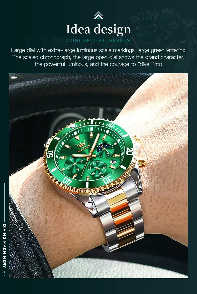OLEVS Men's Watches Top Brand Luxury Watch for Men Original Waterproof Stainless Steel Chronograph Moon Phase Date Rota Dial - Evallys.com