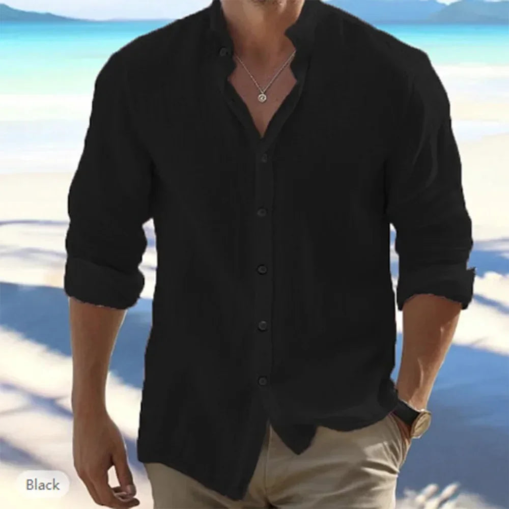 Men's Long-Sleeved Cotton Linen Summer Hot Sale Beach Style Shirts Solid Color Casual Versatile Stand-Up Collar Shirt Male Top - Evallys.com