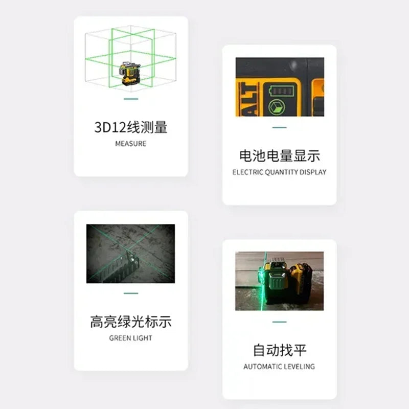 2025 Dewalt DW089LG 3 Sides*360 Degree Vertical 12V Lithium Battery 12 Lines Laser 360 Level Horizontal Green Meter Outdoor - Evallys.com