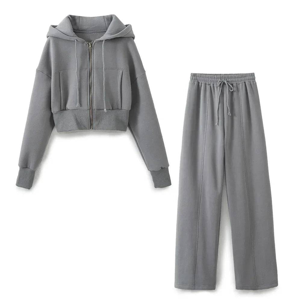 TRAF 2024 Spring Female Casual Hoodies Zipper Coats+Elastic Waist Baggy Pants 2 Pieces Set Elegant Loose Solid Pink Grey Pants - Evallys.com