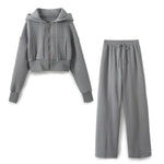 TRAF 2024 Spring Female Casual Hoodies Zipper Coats+Elastic Waist Baggy Pants 2 Pieces Set Elegant Loose Solid Pink Grey Pants - Evallys.com