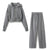 TRAF 2024 Spring Female Casual Hoodies Zipper Coats+Elastic Waist Baggy Pants 2 Pieces Set Elegant Loose Solid Pink Grey Pants - Evallys.com