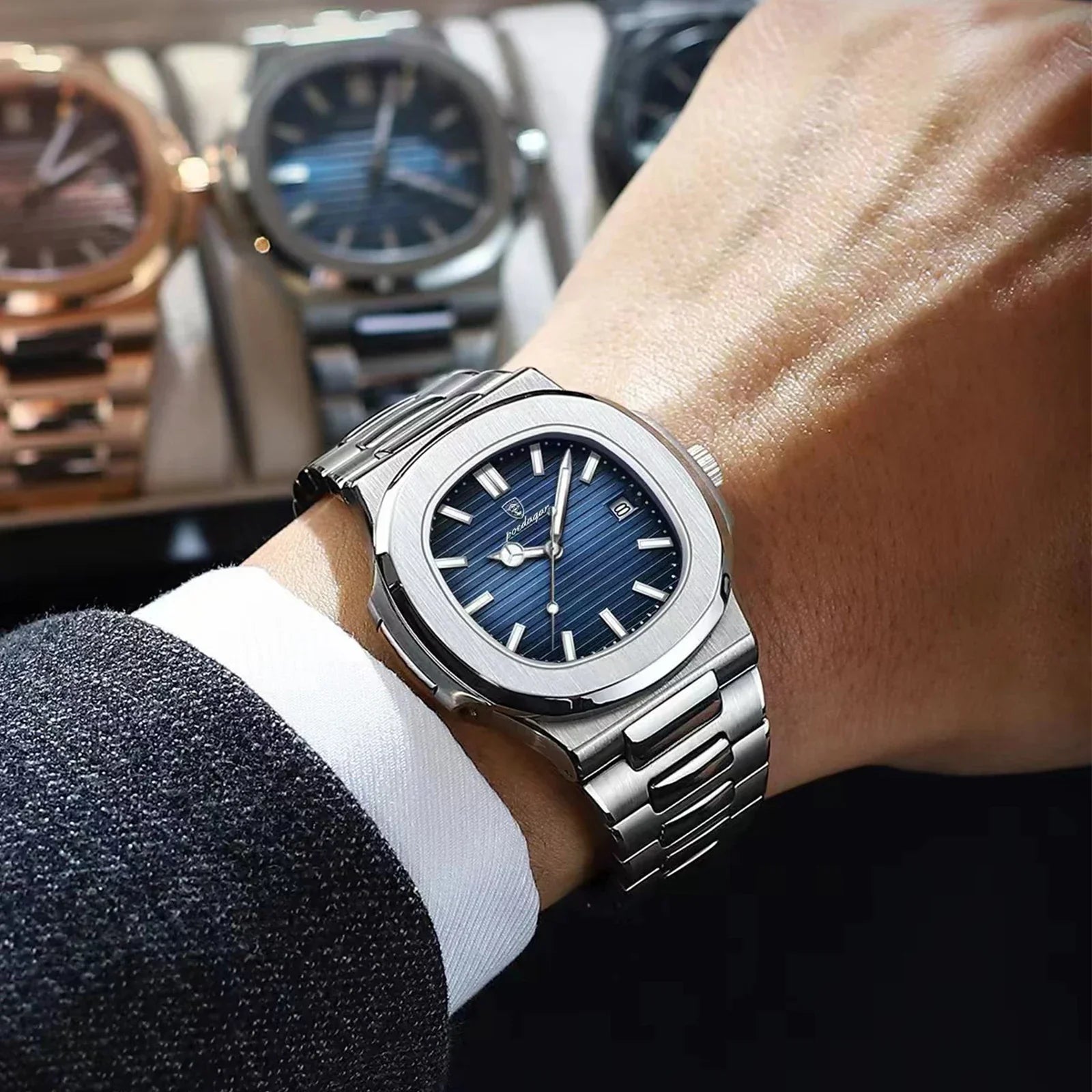 POEDAGAR Luxury Casual Watch Top Brand Fashion Square Dial Stainless Steel Calendar Luminous Waterproof Men Watch Male Clock+Box - Evallys.com