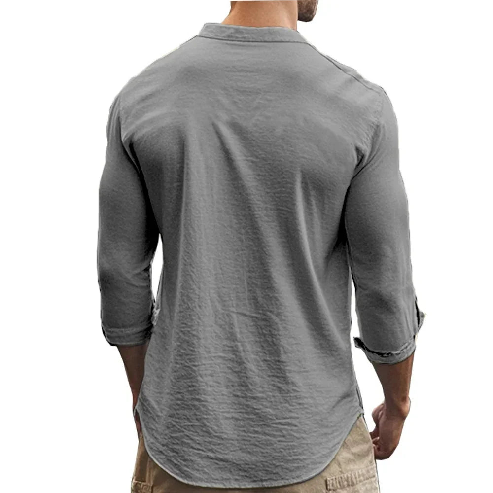 Men's Henry Shirts Cotton Linen Slim Fit Causal Hawaiian Solid Color Basic Style Spring Summer Breathable Men Clothing - Evallys.com