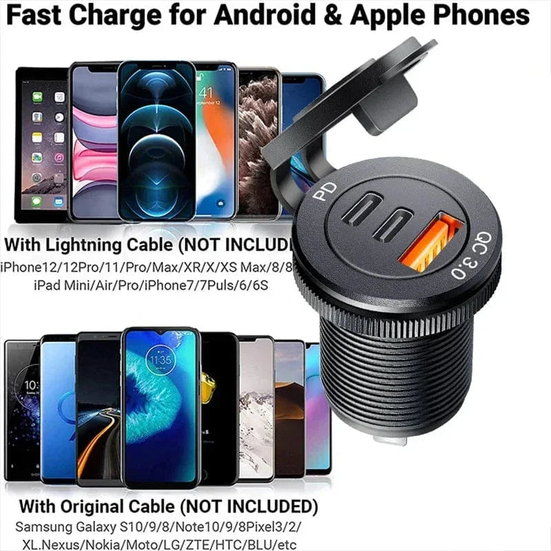 USB C Car Charger Socket DC Super Fast Charging QC3.0 & PD for 12V/24V Car Marine ATV type c port socket for Audi q5 a8 a1 a3 4 - Evallys.com