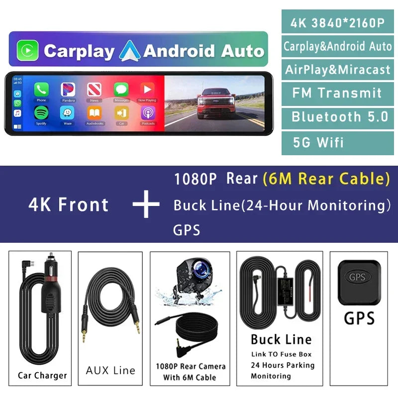 11.26" 4K 2160P Car Dvr Carplay Android Auto Dash Cam GPS WIFI BT FM Stream Rear View Mirror Dashcam Dvrs Camera Drive Recorder - Evallys.com