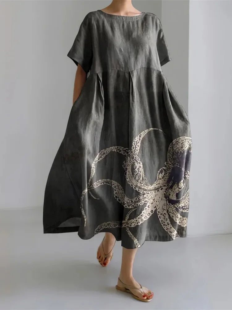Elegant 3D Printed Women’s Ankle-Length Crewneck Casual Dress - Evallys.com