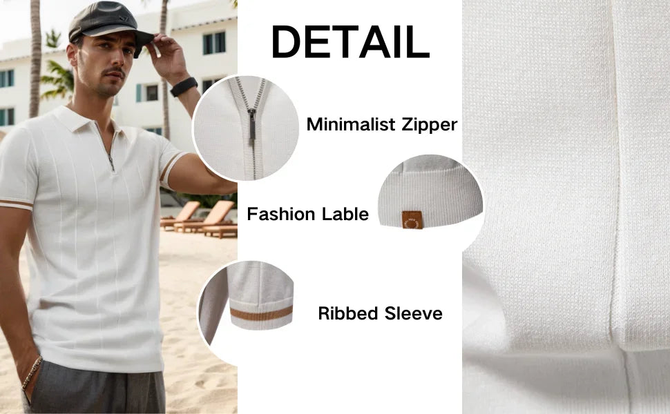 AIOPESON Men's Solid Color Sport Zipper Polo Shirt Athletic Social Polo Shirts for Men Office Slim Fit Polo - Evallys.com