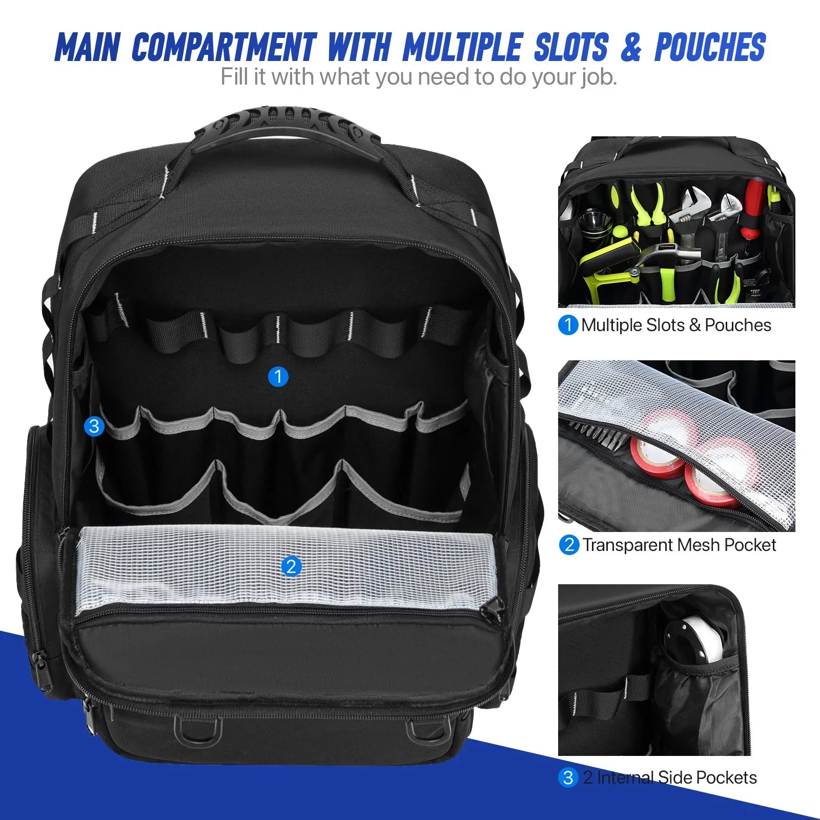 Tool Backpack Heavy Duty for Men Tool Storage With 3 Tool Pouches Organizer Electrician Plumber Maintenance Worker Tool Bags - Evallys.com