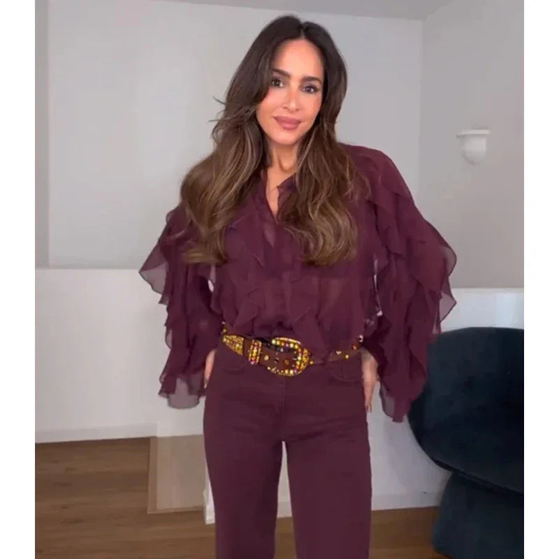 MUJER Ruffle Blouse – Semi Sheer Chiffon Fairy Shirt for Women 2025 - Evallys.com