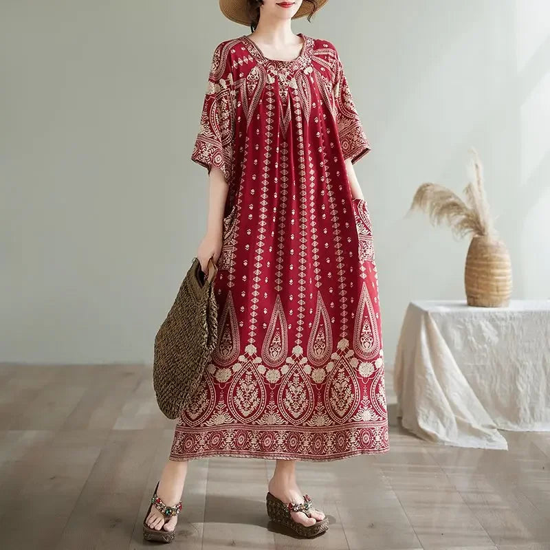 Summer Ethnic Print Dress with Pockets – Loose Mid-Calf Casual Wear - Evallys.com