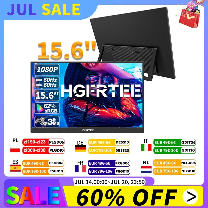 HGFRTEE 15.6inch Portable Monitor FHD-IPS Panel Second Screen for Laptop Gaming Extended Display with Type C HDMI - Evallys.com