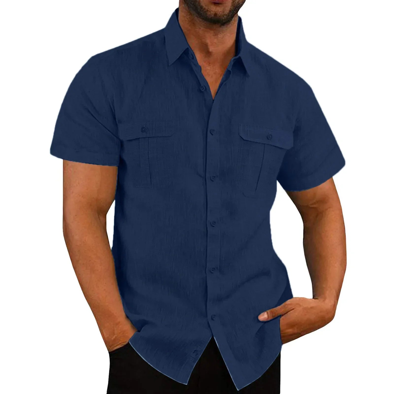 Cotton Linen Hot Sale Men Short-Sleeved Shirts Summer Solid Color Stand-Up Collar Casual Beach Style Plus SizeMale Shirts M-5XL - Evallys.com