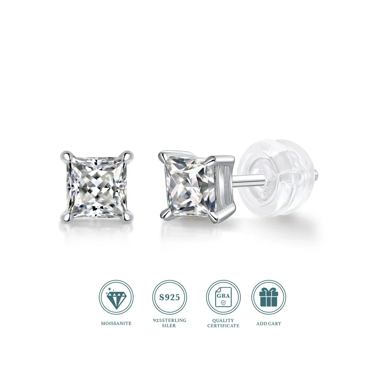 JIUZUAN 2pcs/pair S925 Moissanite Square Lab Created Stud Earrings, Men's Hip Hop Jewelry, Christmas Gifts - Evallys.com