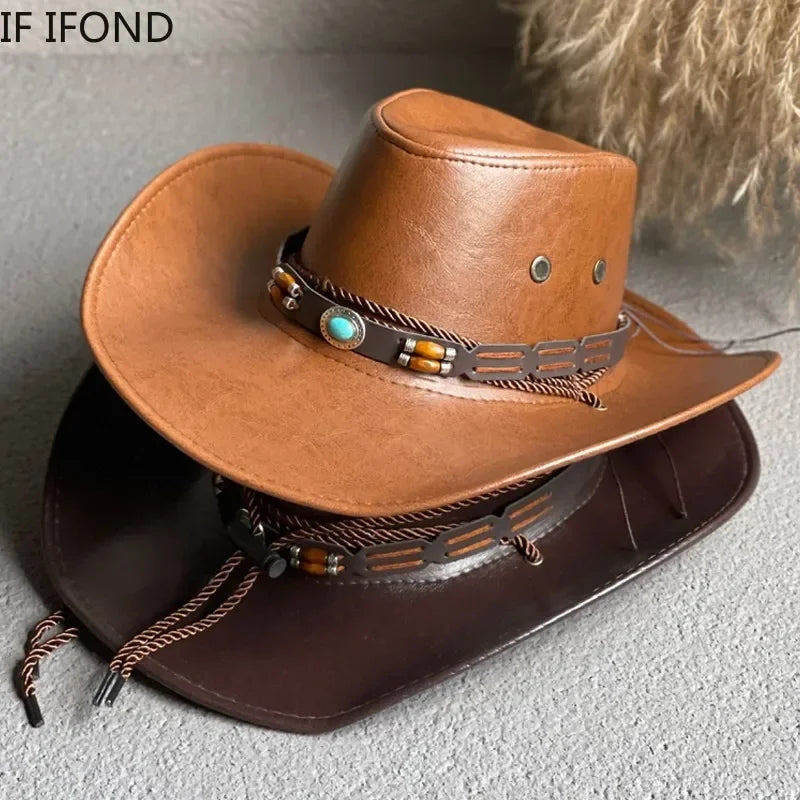 Faux Leather Cowboy Hat – Vintage Unisex Western Jazz Dress Cap - Evallys.com