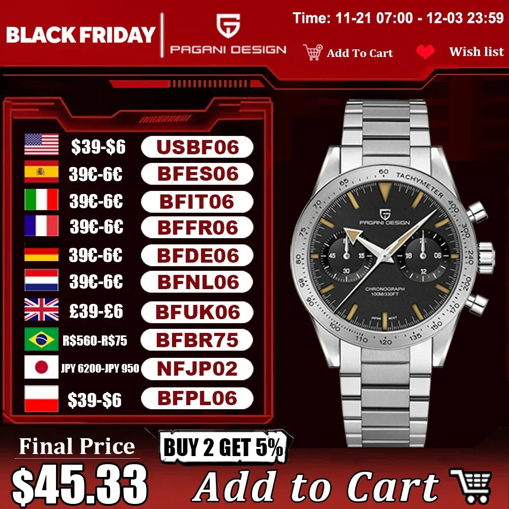 2024 New PAGANI DESIGN Retro Mens Watches Moon Quartz Watch For Men Speed Sports Chronograph AR Sapphire VK64 Clock Reloj Hombre - Evallys.com