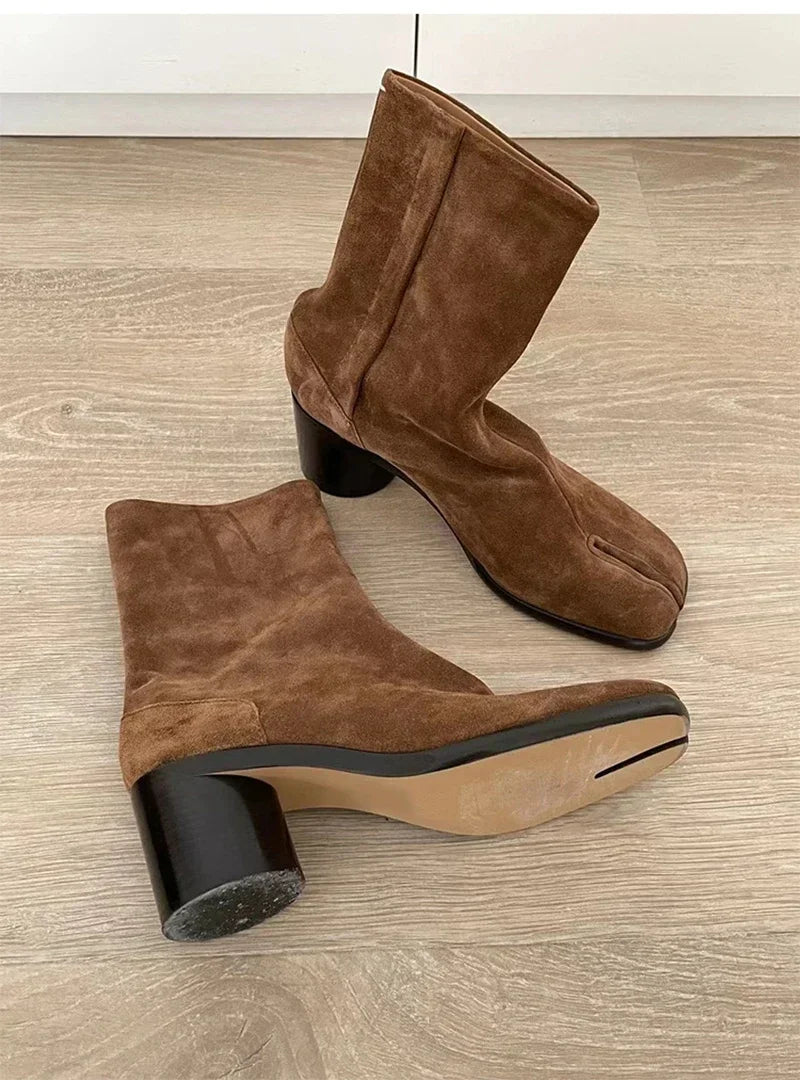2024 Autumn Winter Soft Leather Split toe Tabi Women Ankle Boots Fashion Thick High heels Chunky Shoes Ins Style Short Booties - Evallys.com