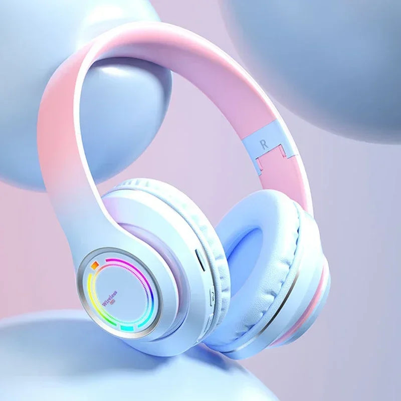 RGB Bluetooth Wireless Headphones For Girls Children's Headset with Microphone Support SD Card HIFi Stereo Gaming Earphone - Evallys.com