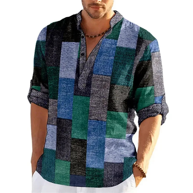 Patchwork 3D Print Color Block Henley Shirts Men's Fashion Vintage Stand Collar Long Sleeve Shirt Male Tops Blouse Man Clothing - Evallys.com