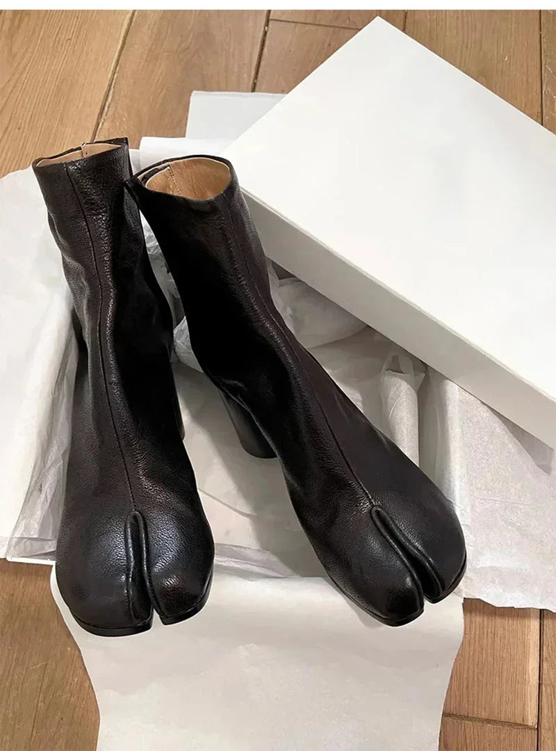 2024 Autumn Winter Soft Leather Split toe Tabi Women Ankle Boots Fashion Thick High heels Chunky Shoes Ins Style Short Booties - Evallys.com