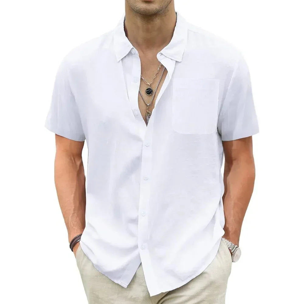 Men's Lightweight Hawaiian Shirts Cotton Linen Breathable Short Sleeve Shirts Vacation Beach Casual Summer Men Tops with Pocket - Evallys.com