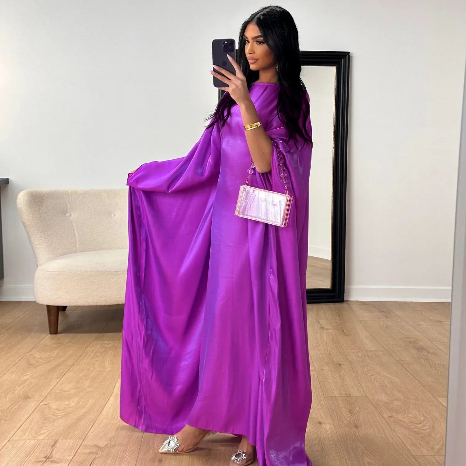 Eid Ramadan Batwing Butterfly Satin Abaya Dubai Luxury Muslim Kaftan Maxi Dress Women Kebaya Robe Caftan Marocain Femme Vestidos - Evallys.com