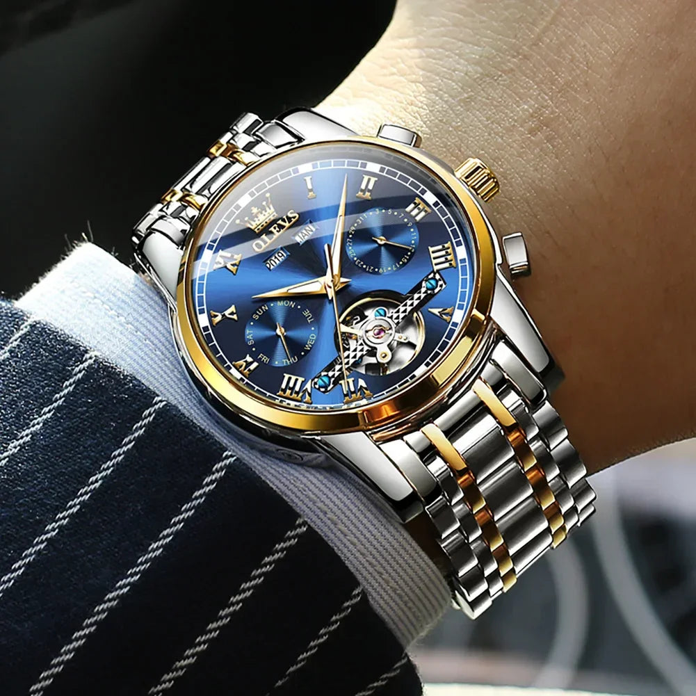 OLEVS Men's Watches Automatic Mechanical Business Wristwatch Waterproof Stainless Steel Strap Watch for Man Skeleton Calendar - Evallys.com
